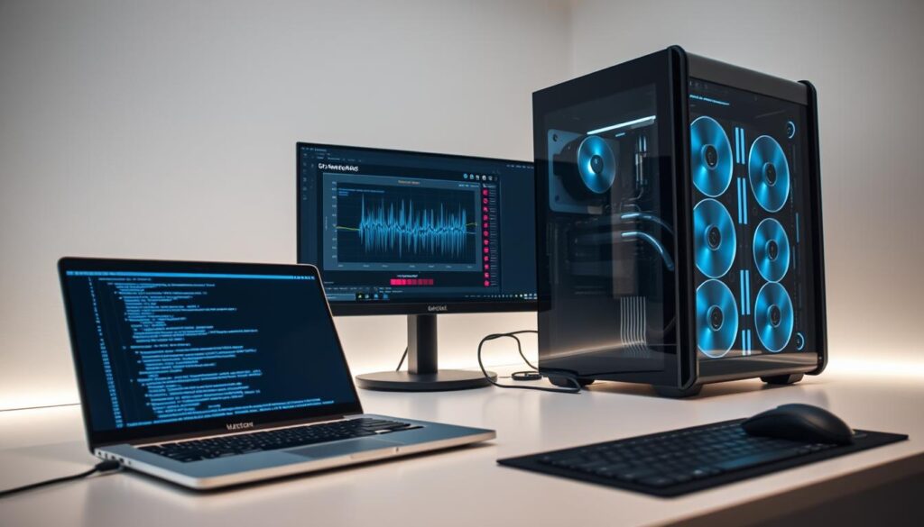 A well-lit, modern, and minimalist machine learning development environment. In the foreground, a sleek, metallic laptop with a glowing screen displaying lines of code. Beside it, a high-resolution monitor showcasing a sophisticated data visualization dashboard. In the middle ground, a state-of-the-art graphics processing unit (GPU) tower, its intricate internals visible through a tempered glass panel. The background features a clean, white desk surface, complemented by a high-quality keyboard and mouse. Subtle ambient lighting from LED strips creates a focused, productive atmosphere. The overall scene conveys a sense of technological advancement, efficiency, and the tools necessary for mastering the fundamentals of machine learning.
