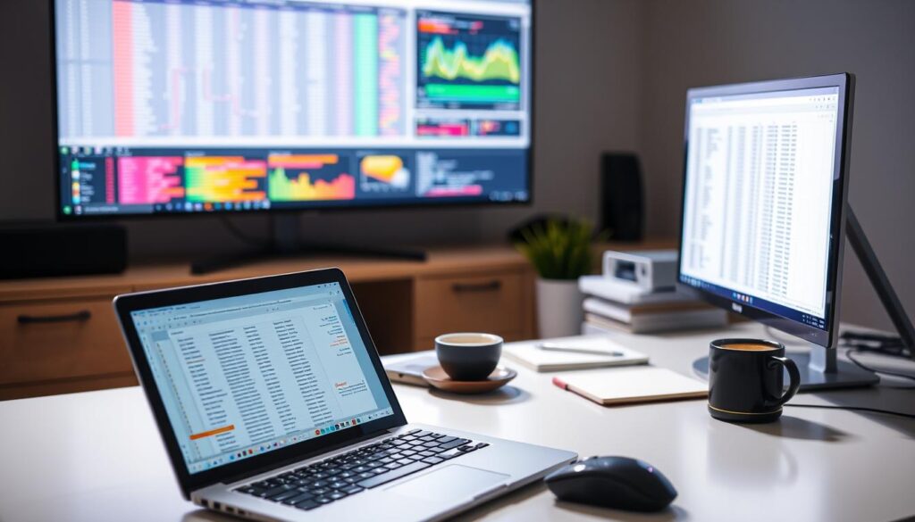 A well-lit, neatly organized workstation with a laptop, mouse, and keyboard. In the foreground, an open spreadsheet on the screen, displaying rows of data. On the desk, a cup of coffee, a notebook, and a few carefully arranged office supplies. In the background, a large monitor displays a visualization of a machine learning algorithm, with colorful graphs and charts. The lighting is soft and directional, creating a sense of focus and productivity. The overall atmosphere is one of diligent, detail-oriented data preparation, setting the stage for a successful machine learning project.