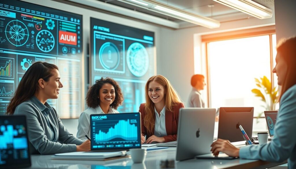 AI systems working alongside humans in modern workplace, showing positive AI impact on jobs