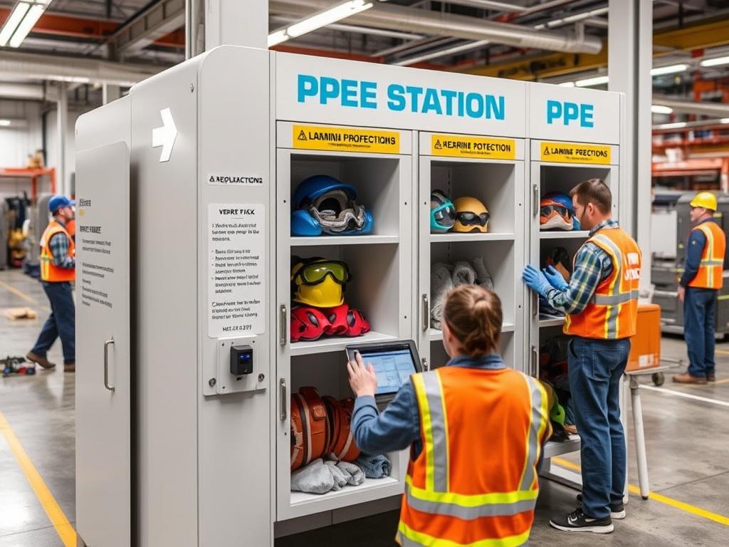 Accessible PPE station with clearly labeled equipment and easy replacement system