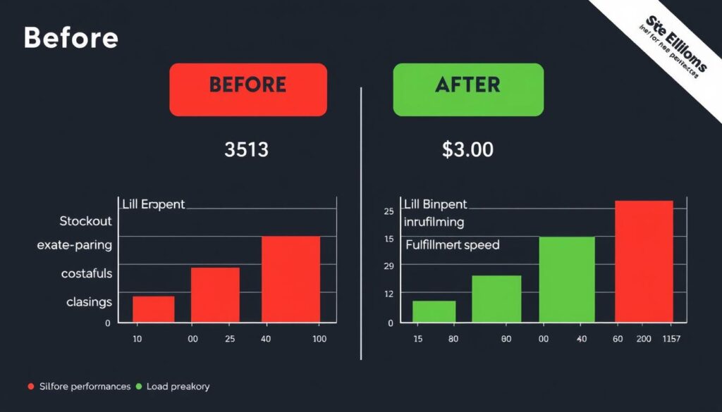 Before and after charts showing improved inventory performance through seasonal demand planning. Use few words and clear, right words simple to read.