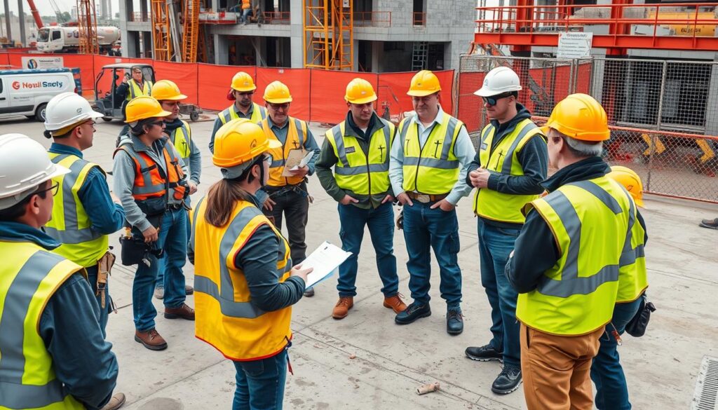 Construction site with workers wearing complete PPE including hard hats, safety harnesses, and high-visibility clothing