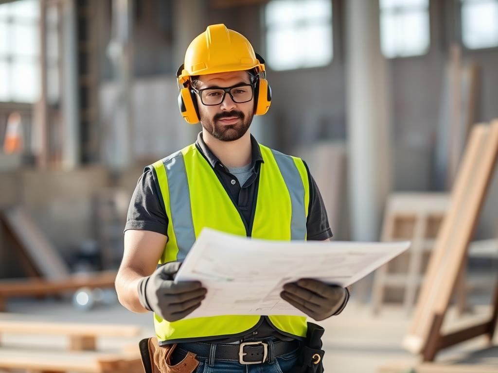 Construction worker properly wearing full PPE including hard hat, safety glasses, high-visibility vest, and gloves