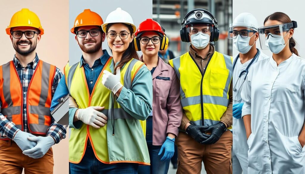 Diverse group of workers confidently wearing proper PPE in various workplace settings