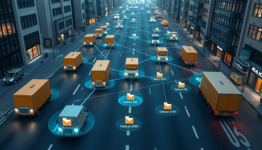 E-commerce delivery network with predictive shipment tracking AI IoT system