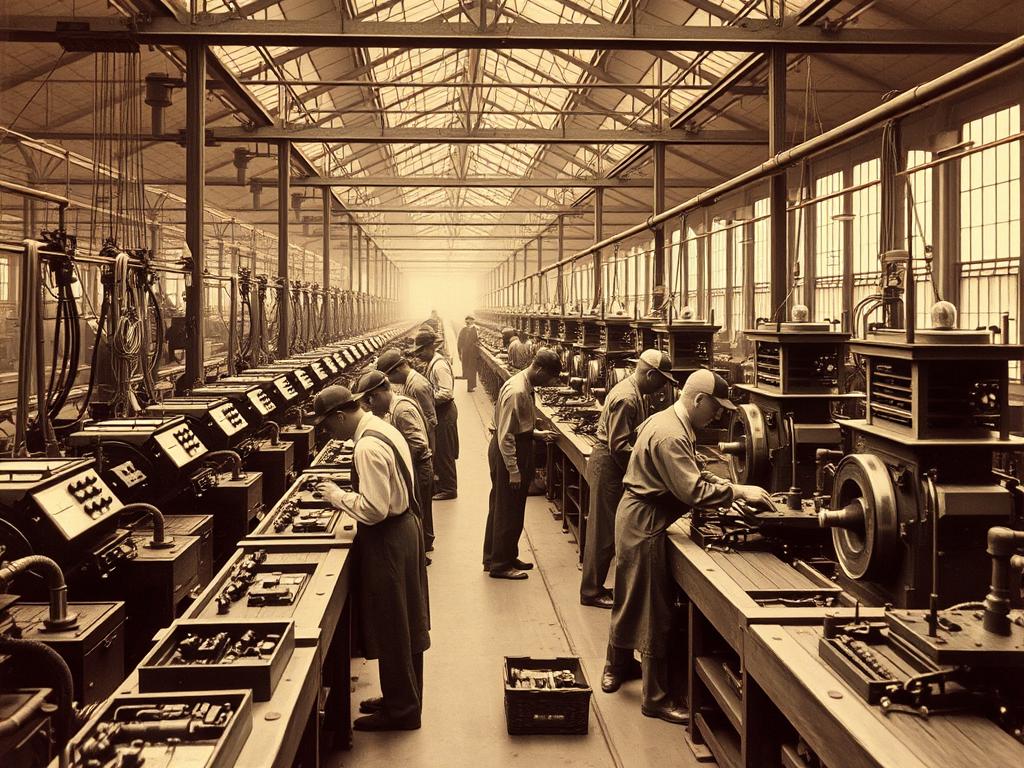 Factory automation replacing manual labor, showing historical parallel to AI impact on jobs