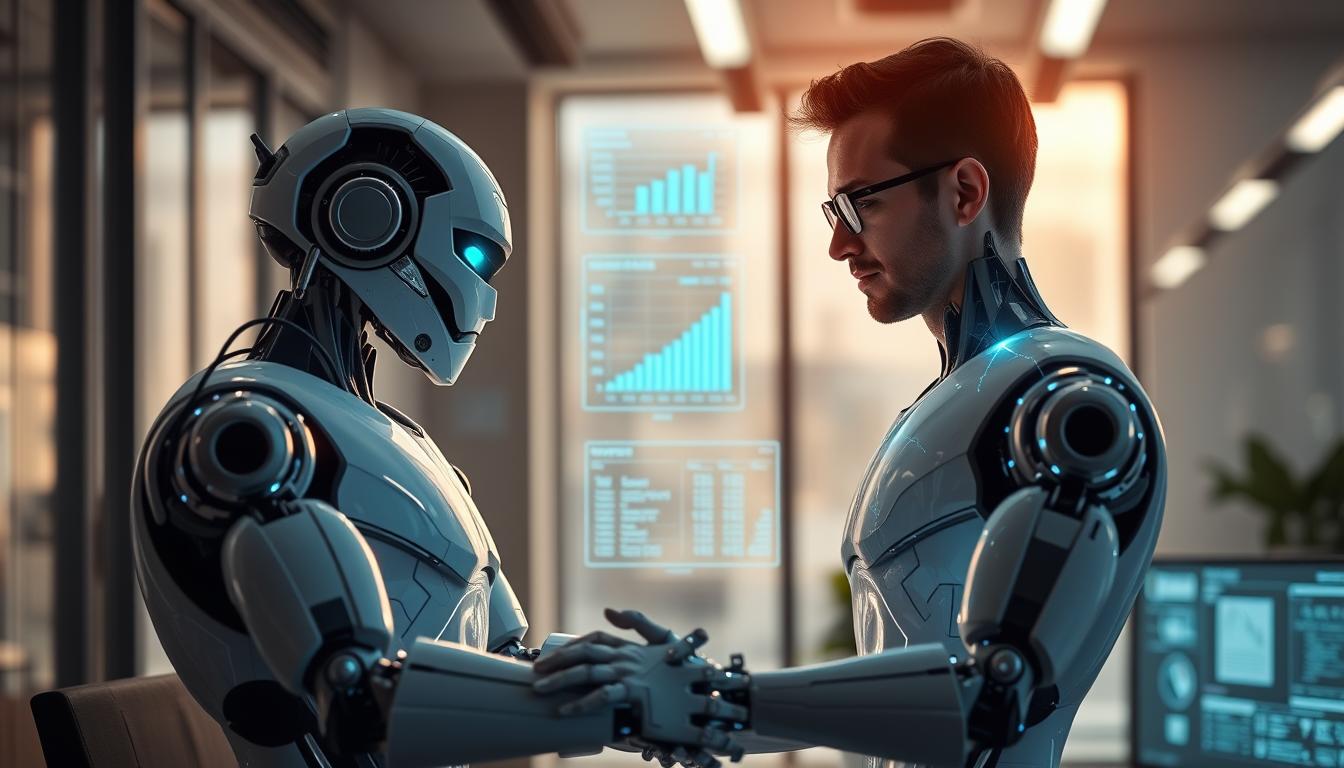 Futuristic AI robot and human working together, representing the AI impact on jobs