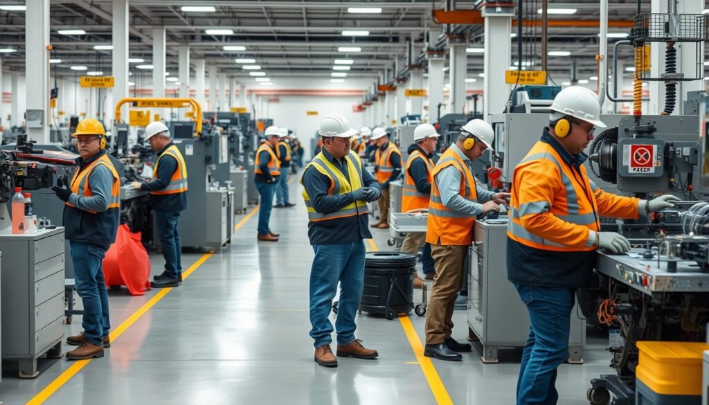 Manufacturing facility floor with employees wearing proper PPE while operating machinery