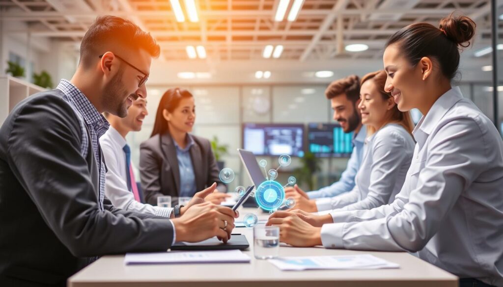 Optimistic future workplace with humans and AI collaborating, showing positive AI impact on jobs