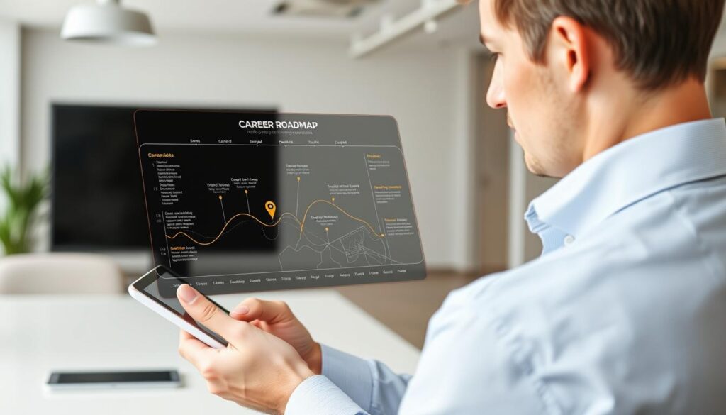 Person using Career GPS navigation on digital tablet showing career path with multiple routes