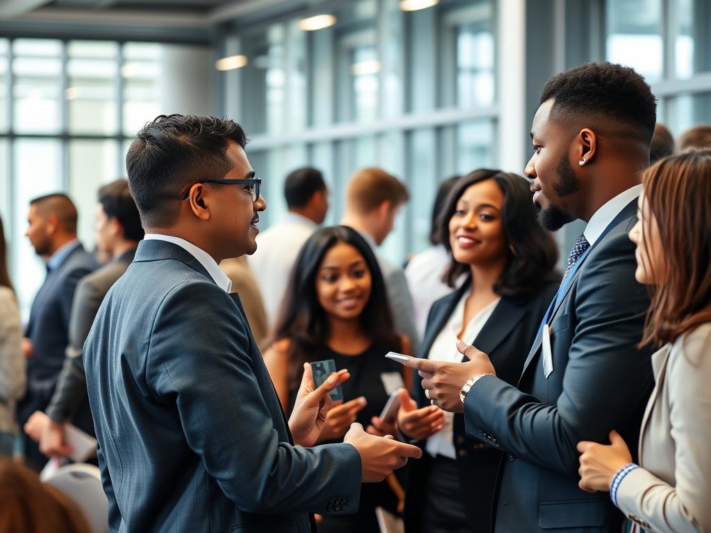 Professional networking at a business event to access the hidden job market
