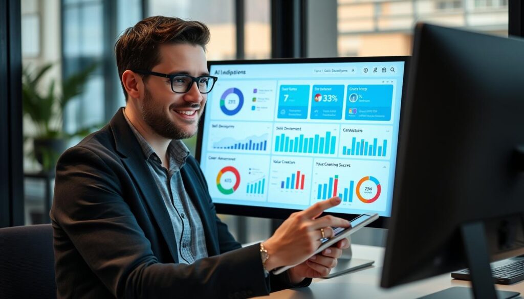 Professional tracking their AI adaptation progress on digital dashboard, showing metrics of success in responding to AI impact on jobs