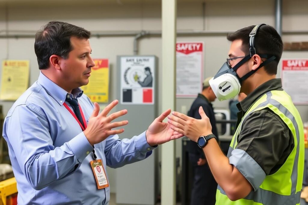 Safety manager demonstrating proper respirator fit testing to an employee