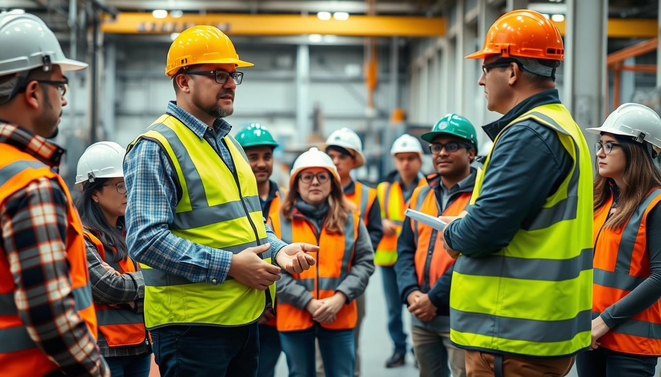Safety manager discussing PPE compliance with engaged employees in industrial setting