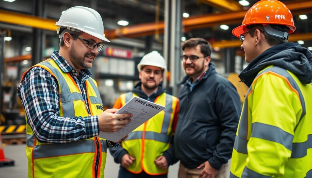 Safety manager reviewing PPE compliance checklist with team members in industrial setting