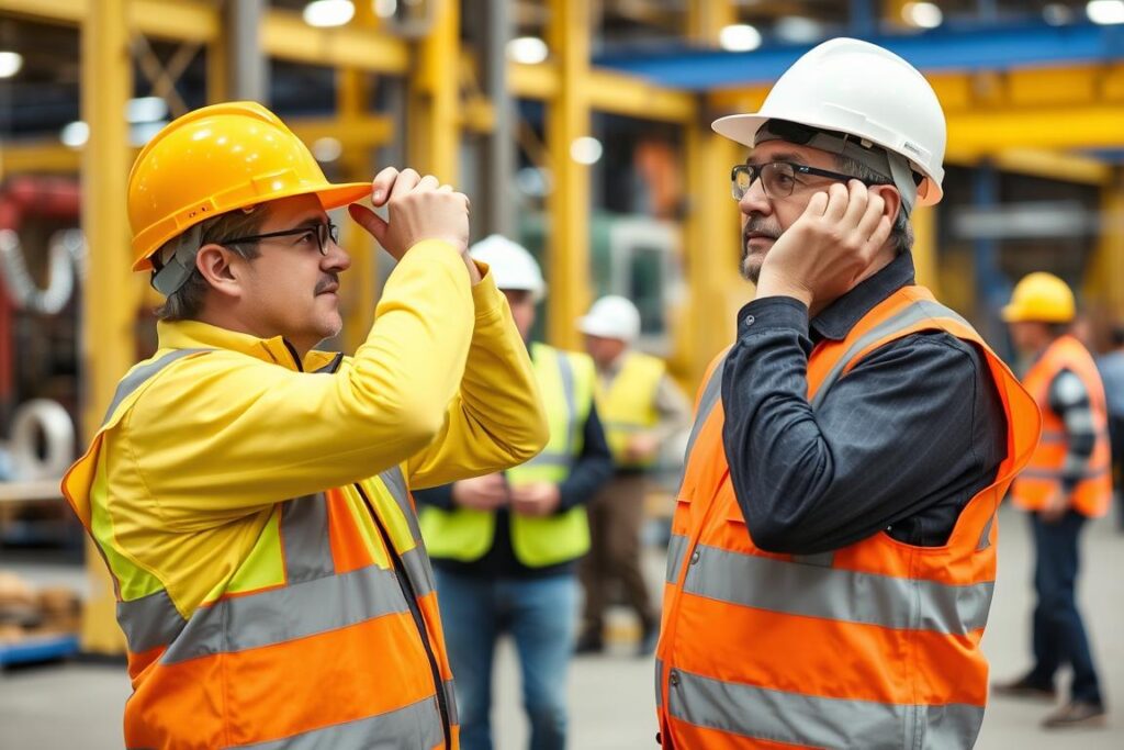 Safety supervisor helping employee adjust hard hat for proper fit and comfort