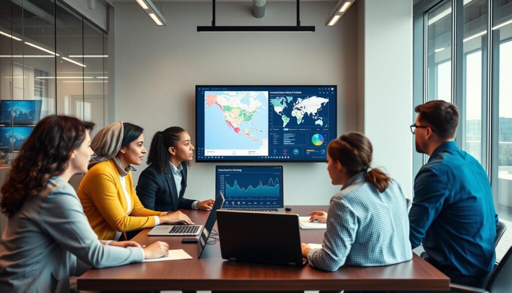 Supply chain team analyzing predictive shipment tracking data