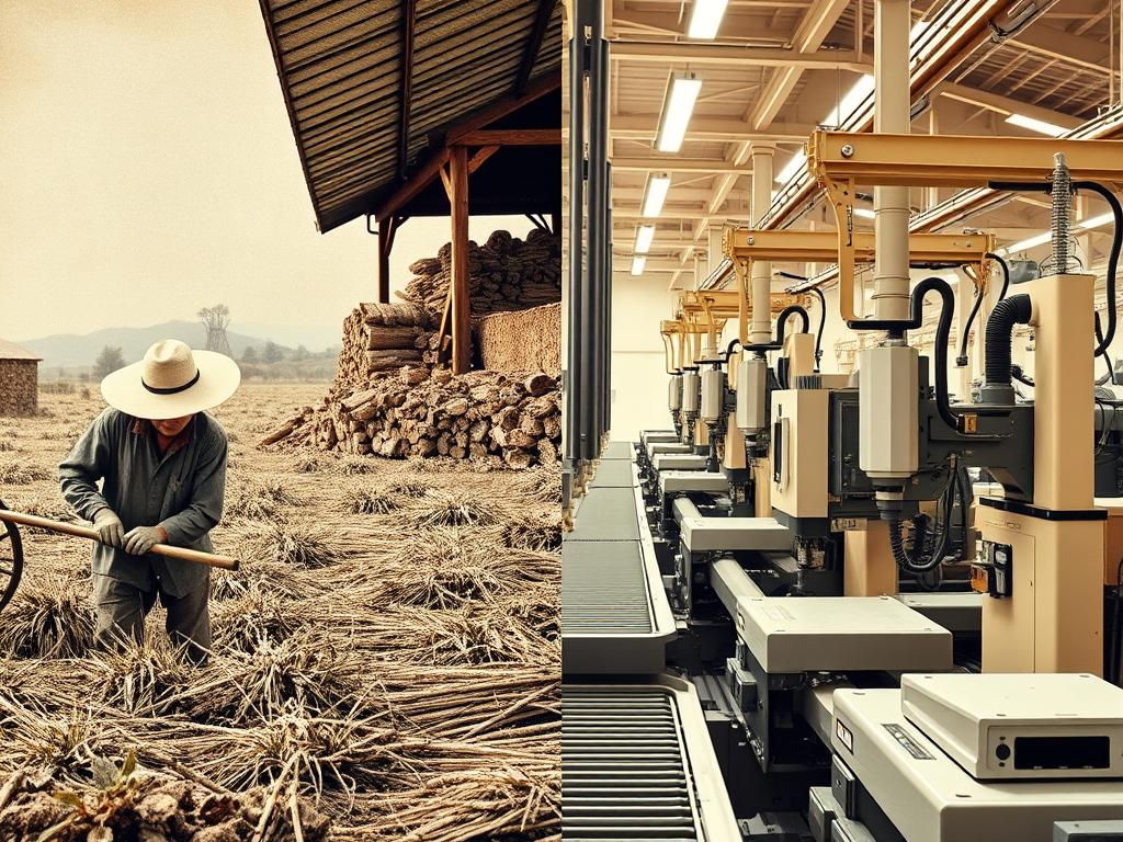 Transition from farm work to manufacturing, illustrating historical AI impact on jobs parallel