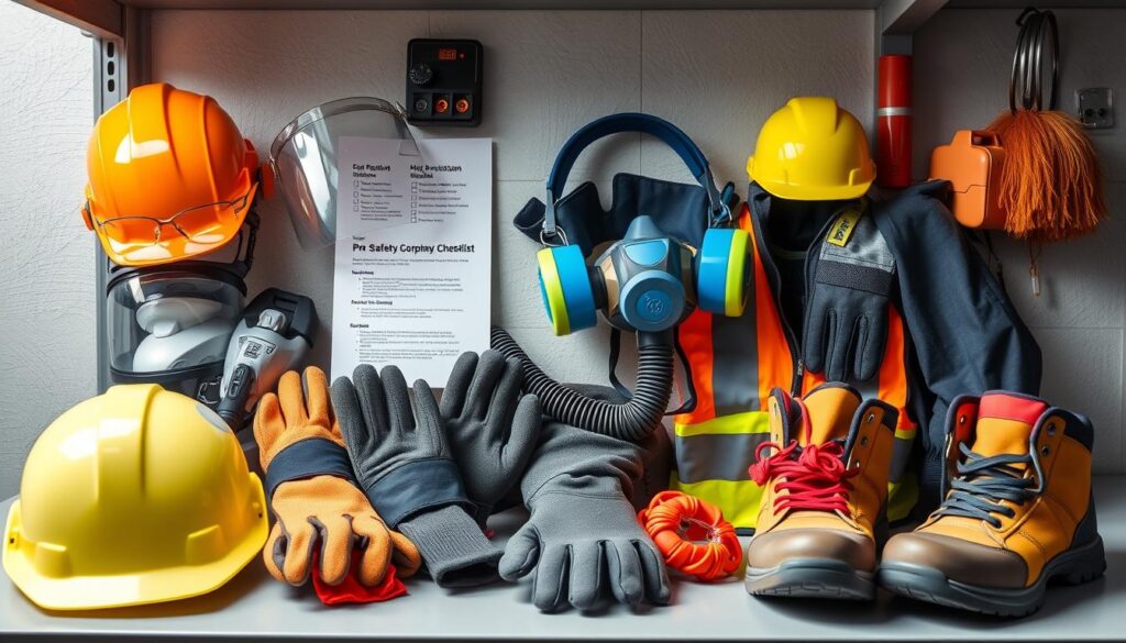 Various types of PPE equipment including hard hat, safety glasses, gloves, and respirator arranged on workbench