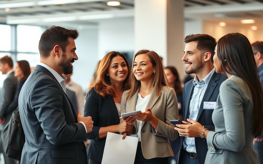 A diverse group of professionals networking and building relationships