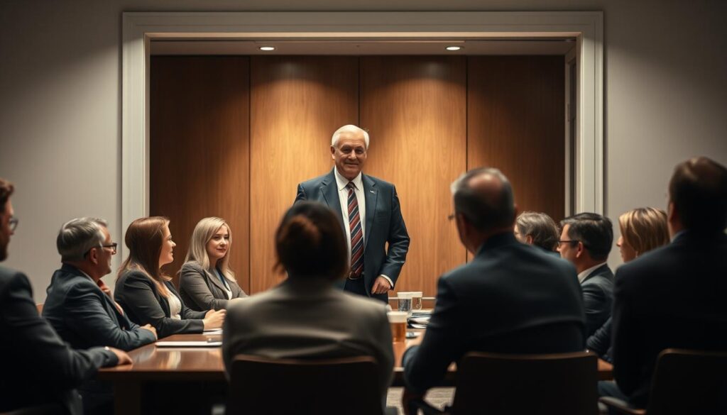 A mature leader watching proudly as former mentees lead a meeting, symbolizing leadership legacy
