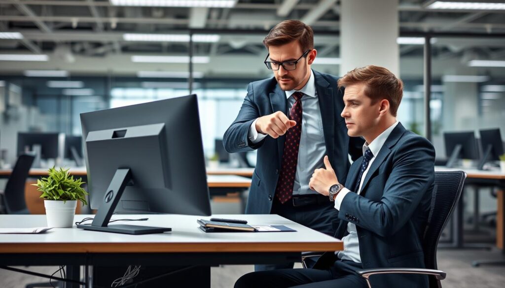A micromanaging leader hovering over an employee's work, illustrating poor leadership