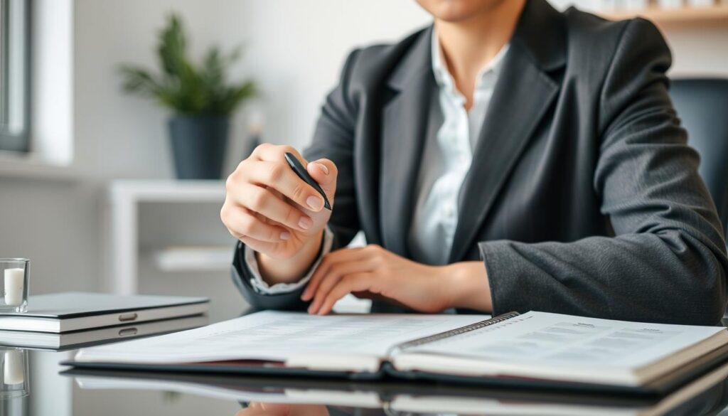 A professional checking off items on a career development checklist