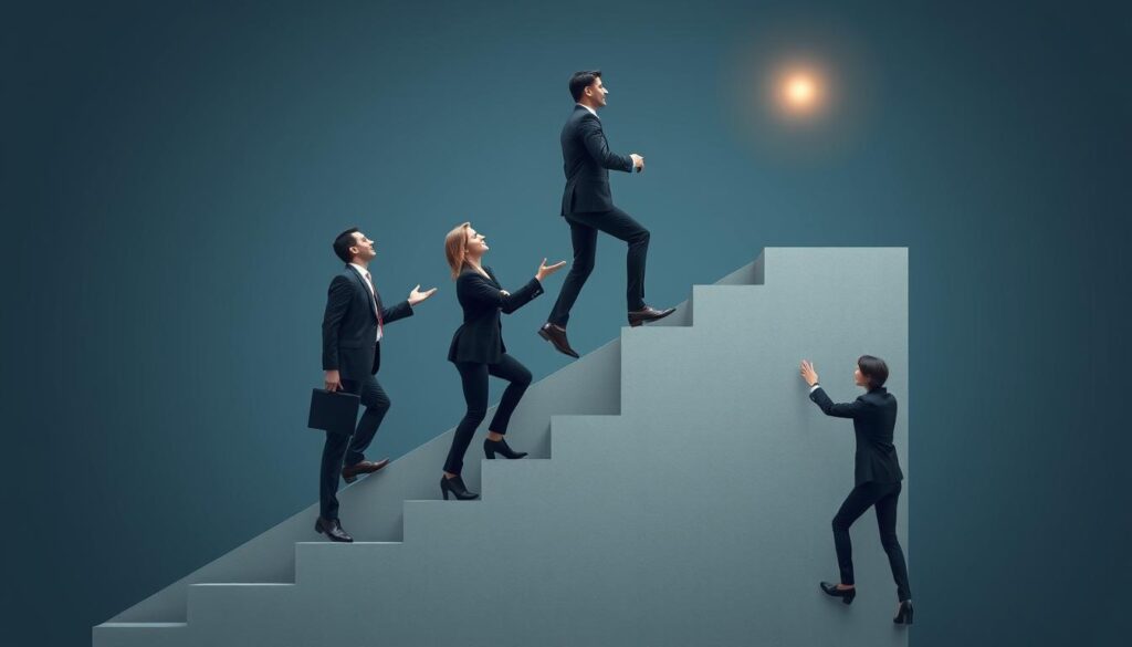 A professional climbing a career ladder with support from mentors and sponsors