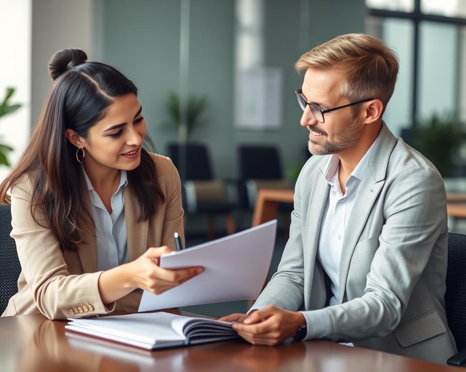 A professional receiving career guidance from a mentor in an office setting