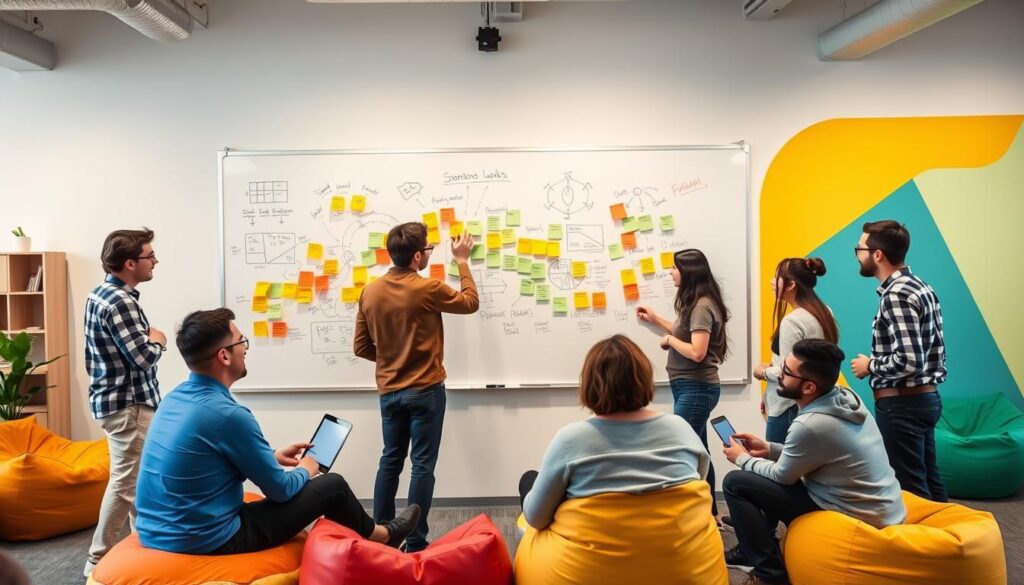 A team working on a Google 20% time project, collaborating in an innovative workspace