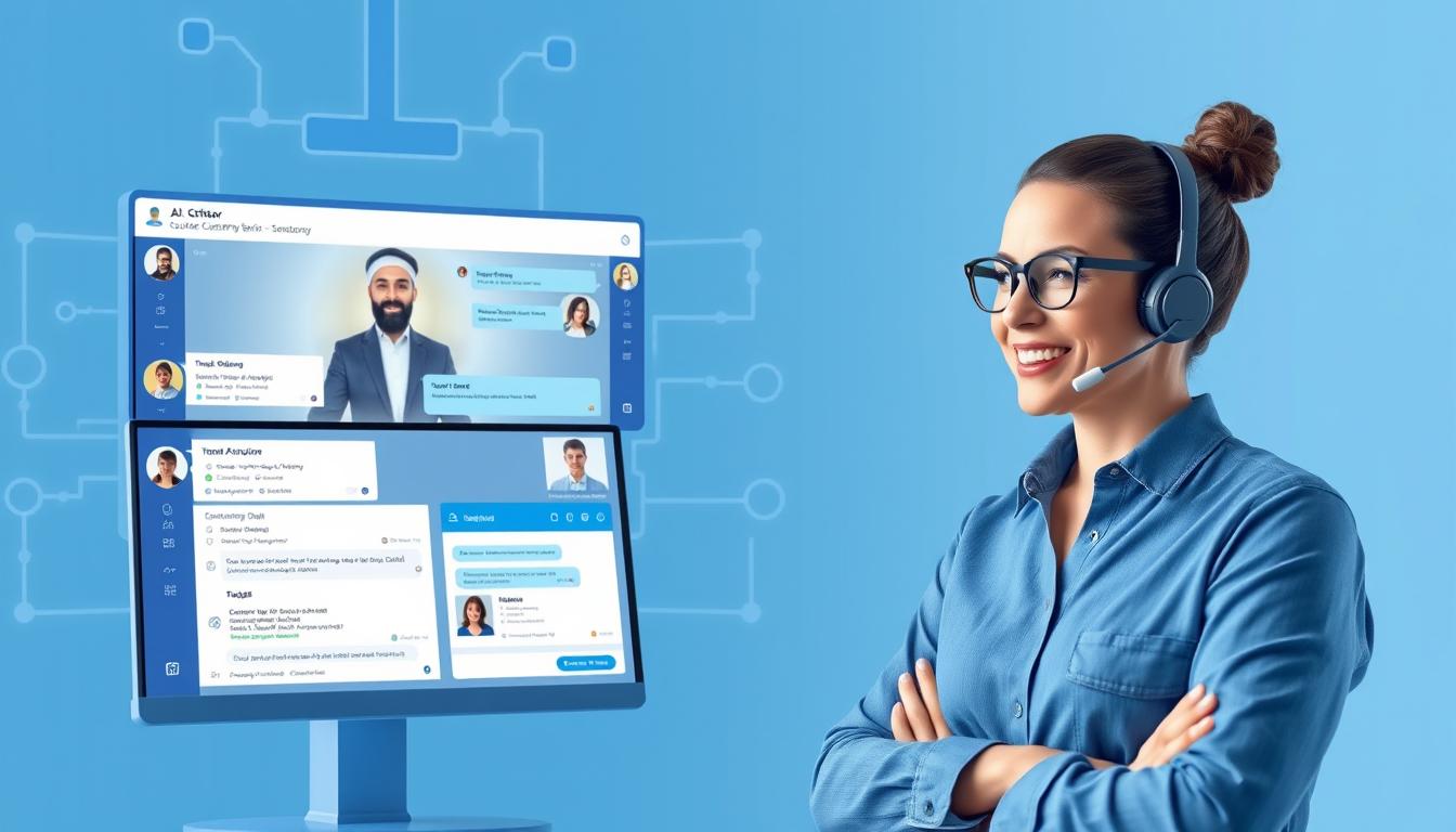 AI in customer service showing a virtual assistant helping multiple customers simultaneously