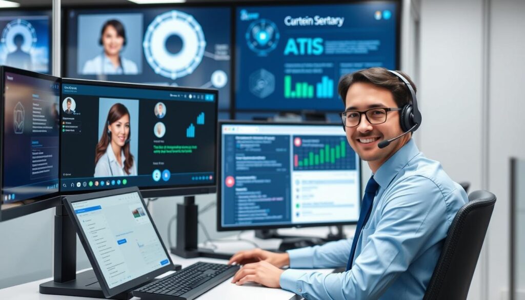 AI-powered call center with agent receiving real-time assistance from AI