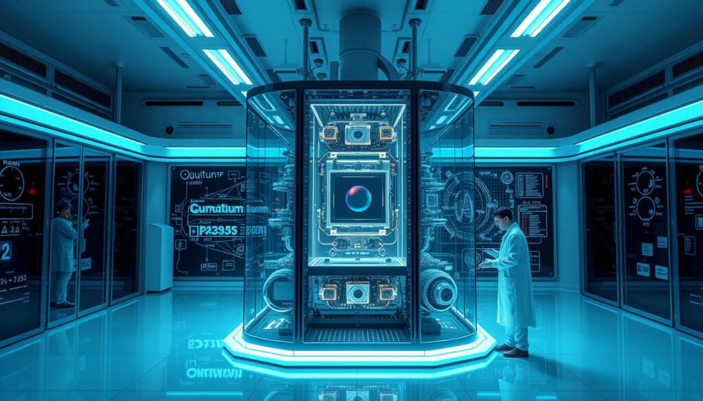 Advanced quantum computer in operation with scientists for Future Technology 2035