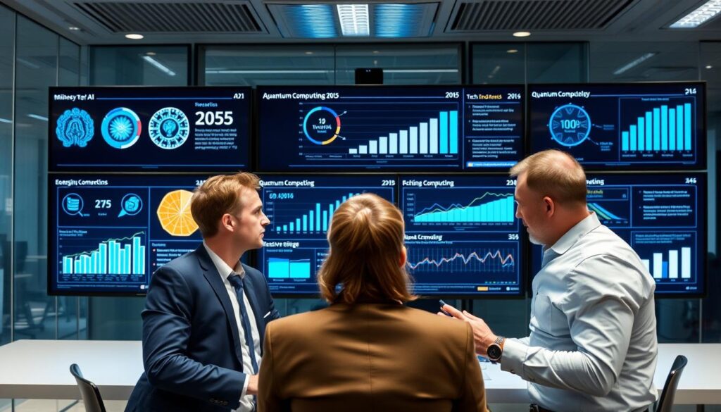 Business executives analyzing technology trend data on digital screens showing McKinsey tech trends 2025