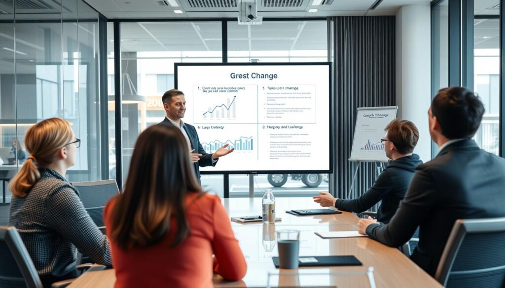 Business leader presenting the case for change to team members