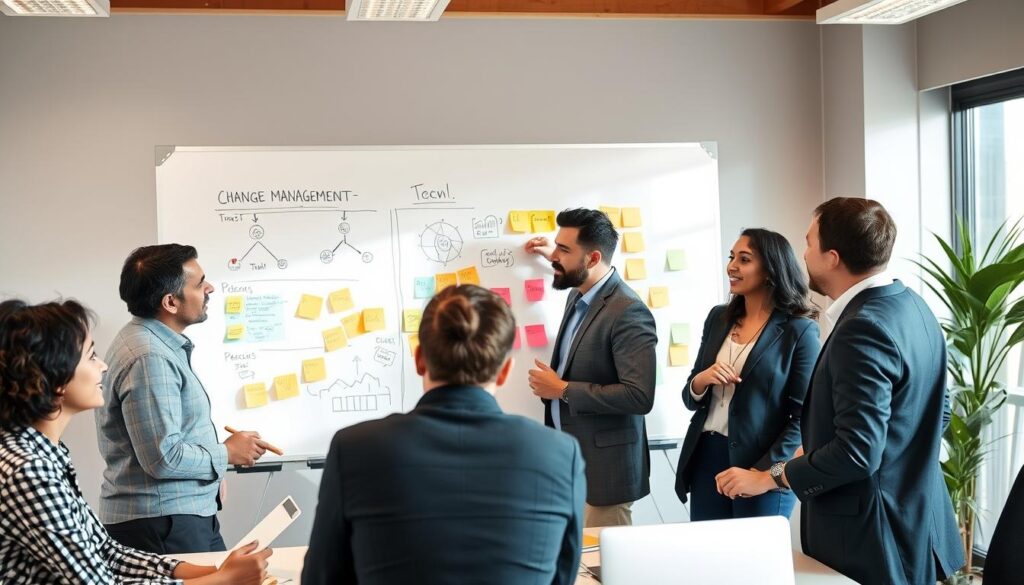 Business team collaborating on change management strategy at a whiteboard