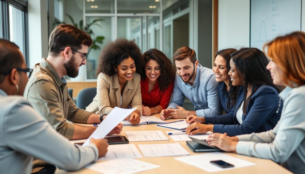 Diverse change leadership team collaborating on implementation strategy