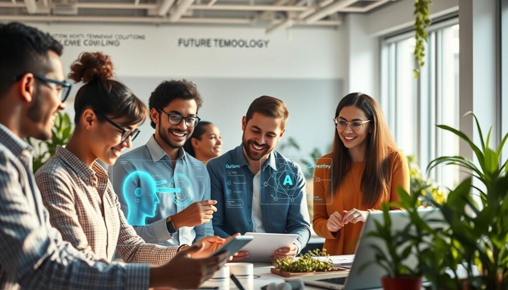 Diverse group of people collaborating on future technology solutions for Future Technology 2035