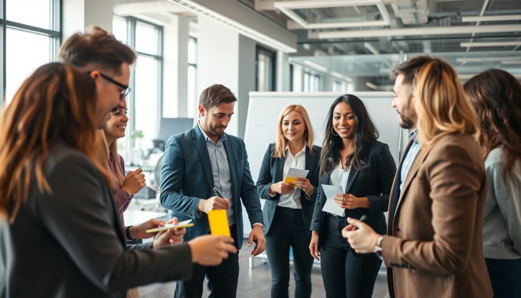 Diverse team engaged in a collaborative team building activity