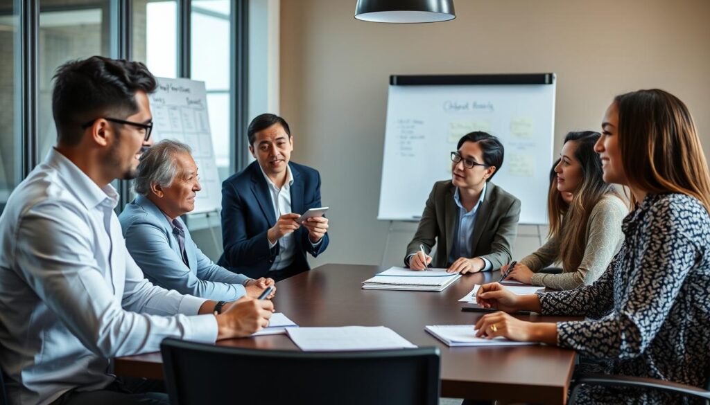 Diverse team engaged in a productive collaborative session with visible engagement