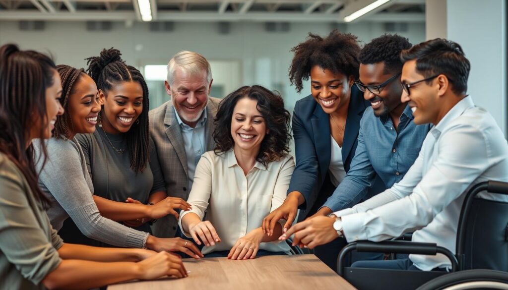 Diverse team engaged in an inclusive team building activity