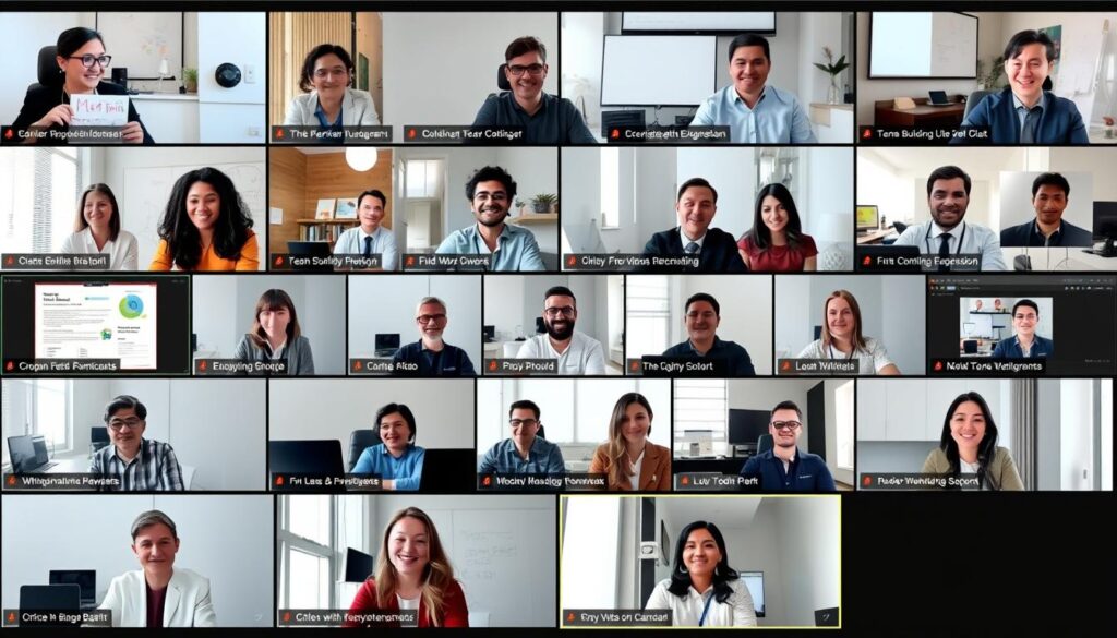 Diverse virtual team engaged in an online team building session