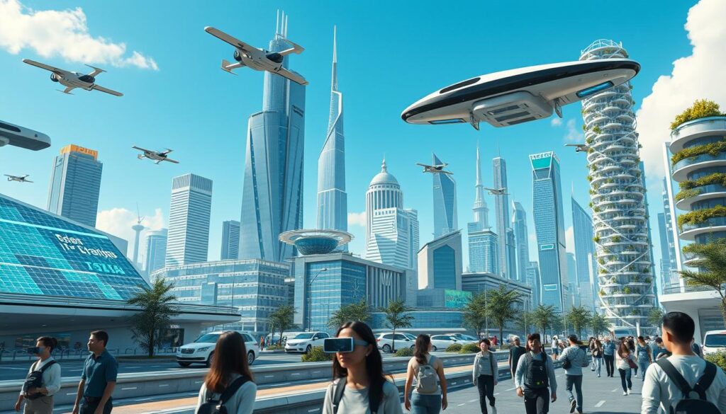 Futuristic cityscape with flying vehicles and advanced technology representing Future Technology 2035