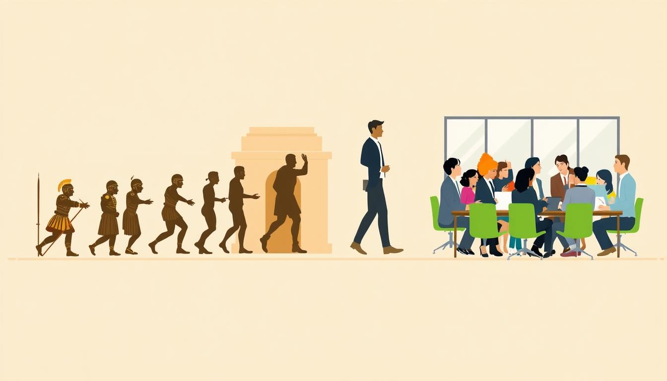 Historical evolution of team building showing ancient military formations transitioning to modern workplace collaboration