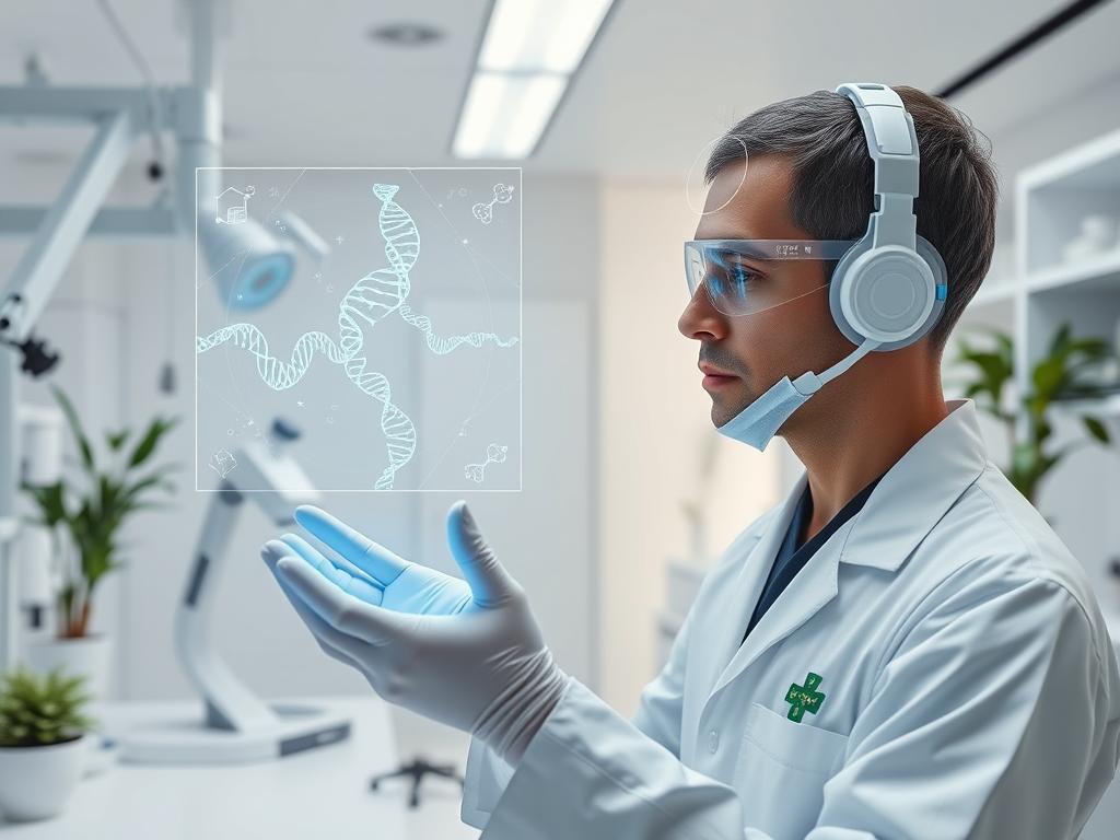 Medical professional using CRISPR gene editing technology in a futuristic laboratory for Future Technology 2035