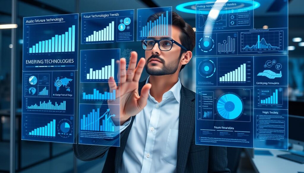 Person analyzing future technology trends on multiple screens for Future Technology 2035