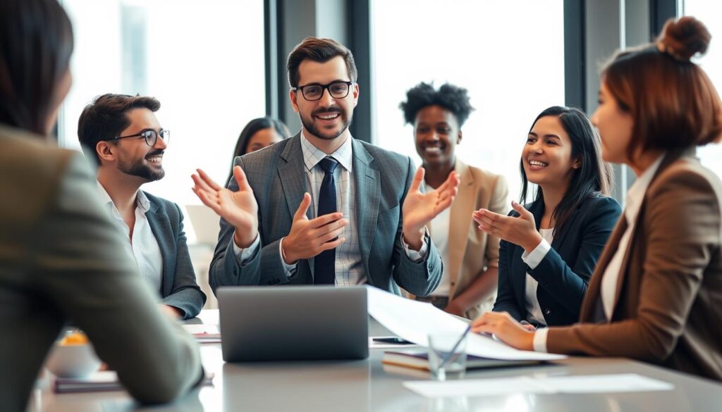 Professional confidently handling uncertainty in a meeting