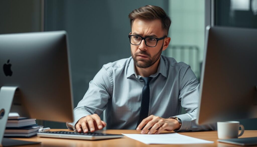 Professional looking worried at computer with fear of being fired