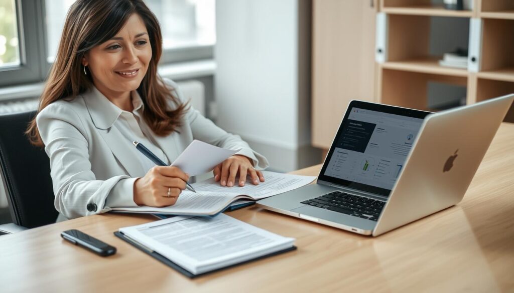 Professional preparing for an interview with notes and laptop showing how to prepare for an interview