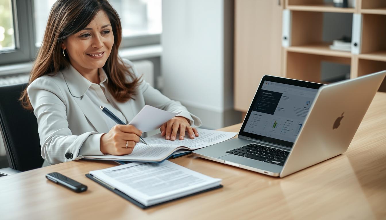 Professional preparing for an interview with notes and laptop showing how to prepare for an interview